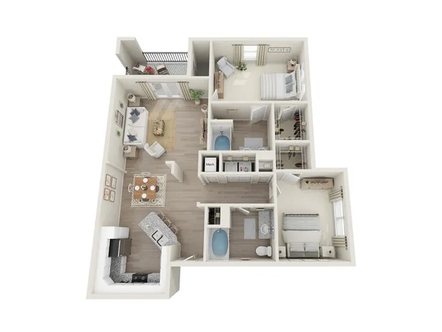 Contemporary 3D floor plan featuring two cozy bedrooms, open living area, modern kitchen with island, and two elegant bathrooms.