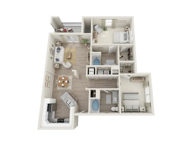 Beautiful 3D floor plan showcasing two cozy bedrooms, a stylish open living area, modern kitchen with island, and two elegant bathrooms, complete with a private balcony.