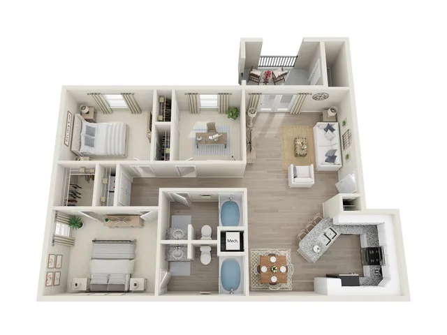 Charming 3D floor plan showcasing a modern apartment with two spacious bedrooms, a cozy living room, stylish kitchen with breakfast bar, and a private balcony.
