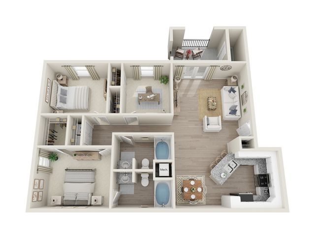 Chic 3D floor plan featuring 2 bedrooms, 2 baths, a modern open-concept living area, and a stylish kitchen with breakfast bar. Includes a private balcony and elegant furnishings.