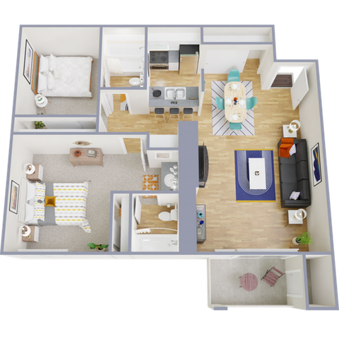 Vibrant floor plan displaying a stylish 2-bedroom apartment with open living space and modern kitchen.