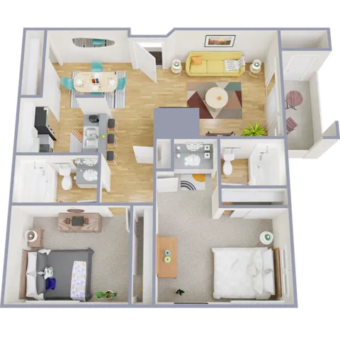 Contemporary 2D floor plan with 2 bedrooms, an open kitchen-dining area, and a bright living room.