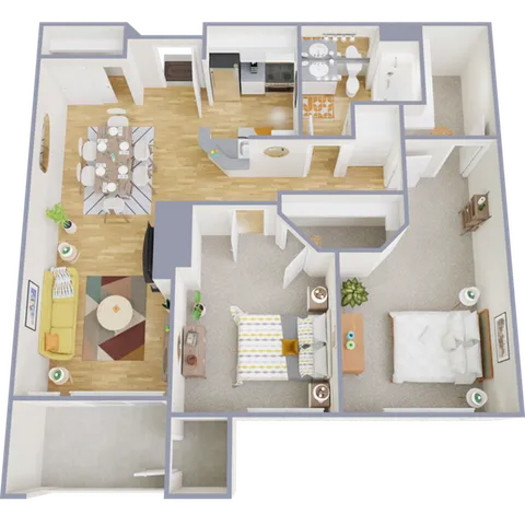 Contemporary 3D floor plan depicting 2 bedrooms, an inviting living room, and a modern kitchen.