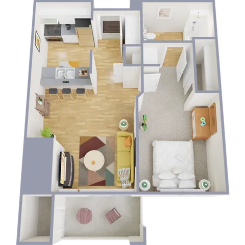 Modern floor plan highlighting a cozy bedroom, open kitchen with breakfast bar, and welcoming living room.