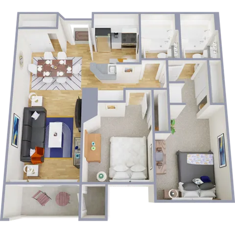 Modern 2D floor plan showcasing a 2-bedroom apartment with an open-concept living area, stylish dining space, and efficiently designed kitchen.