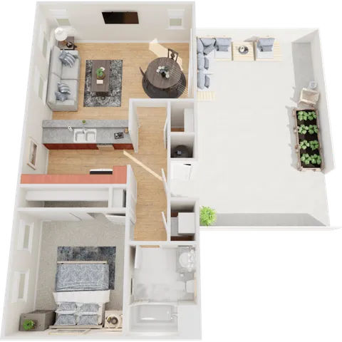 Inviting 3D floor plan showcasing a cozy one-bedroom apartment with an open-concept living room, modern kitchen, and a spacious patio for outdoor relaxation.