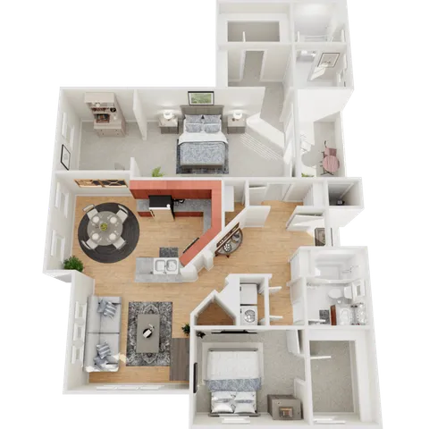 Elegant 2D floor plan showcasing two cozy bedrooms, a modern kitchen, a dining area, and a welcoming living room, perfect for comfort and style.