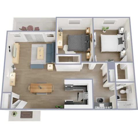 3D floor plan showcasing a chic apartment layout with 2 bedrooms, an open living-dining area, modern kitchen, bathroom, and a cozy outdoor balcony.