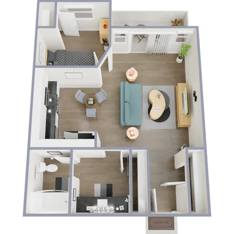 3D apartment floor plan with one bedroom, open living room, kitchen, and bathroom, featuring modern furniture.