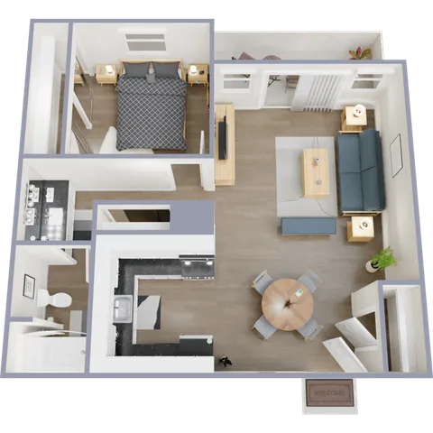 Three-dimensional floor plan of a stylish one-bedroom apartment featuring an open-concept living room and kitchen area.