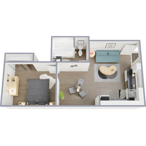 Compact and modern floor plan showcasing a 1-bedroom apartment with an open living area and kitchen.