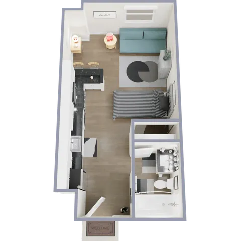 3D floor plan of a modern studio apartment with open living area, compact kitchen, and bathroom.