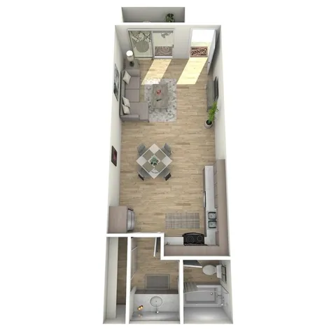 Contemporary 3D studio floor plan showcasing an open living, dining, and kitchen area with cozy furnishings.