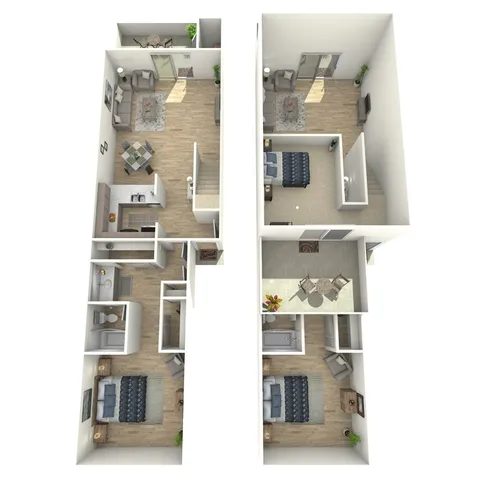 3D floor plan displaying a two-story design with multiple bedrooms, open living spaces, and cozy outdoor areas.