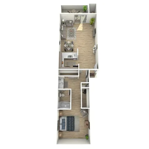 3D floor plan showcasing 1 bedroom, open living area, modern kitchen, and bathroom with contemporary design.
