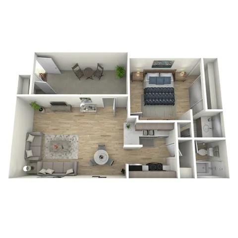 3D floor plan illustrating one-bedroom apartment with an open living area, kitchen, and balcony.