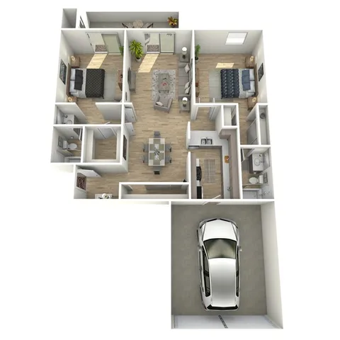 3D floor plan illustrating 3 bedrooms, an open living area, kitchen, and garage.