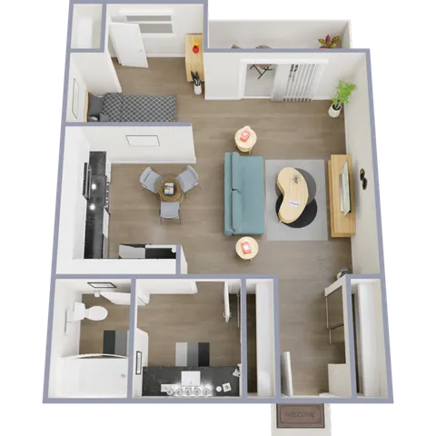 Floor plan illustrating a contemporary apartment with a spacious living room, open kitchen, cozy bedroom, and bathroom.