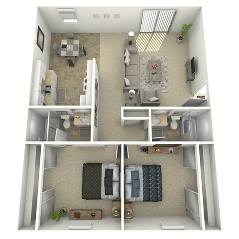 3D floor plan displaying 2 bedrooms, a cozy living room, and a modern kitchen.