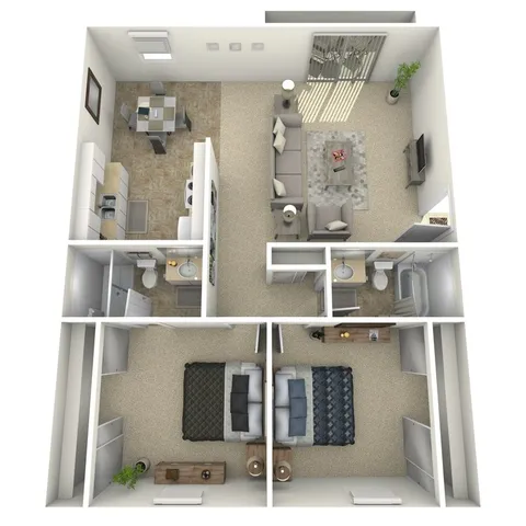 3D floor plan of an elegant apartment with 2 bedrooms, a cozy living area, and modern kitchen.