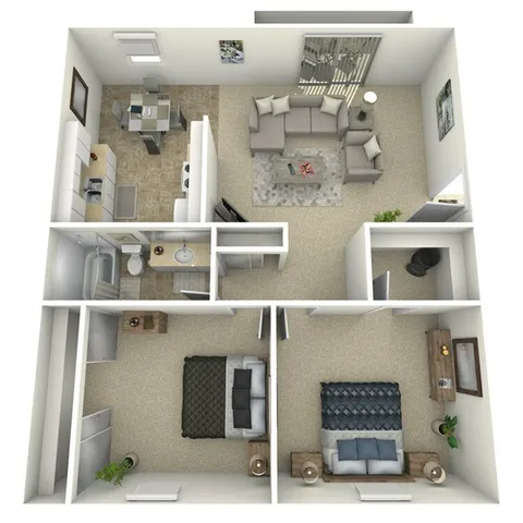 Modern 2-bedroom apartment floor plan featuring an inviting living area and a functional kitchen.