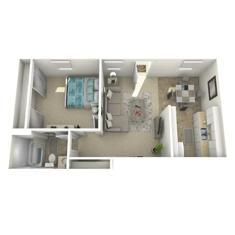 3D floor plan of an apartment featuring one bedroom, open living area, and modern kitchen.