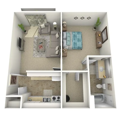 3D floor plan highlighting a cozy apartment with one bedroom, an inviting living area, a sleek kitchen, and a modern bathroom.