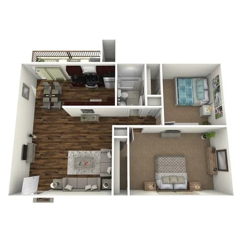 3D floor plan showcasing a modern apartment with two bedrooms, open-concept living area, and sleek kitchen.