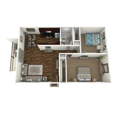 Sleek 3D apartment floor plan with two bedrooms, open living area, and modern kitchen.