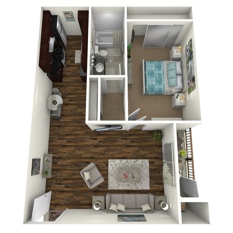 3D floor plan of a one-bedroom apartment with a modern living room and compact kitchen.