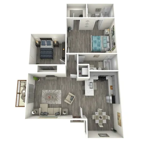 3D apartment layout showcasing two bedrooms, a modern kitchen, and an inviting living area.