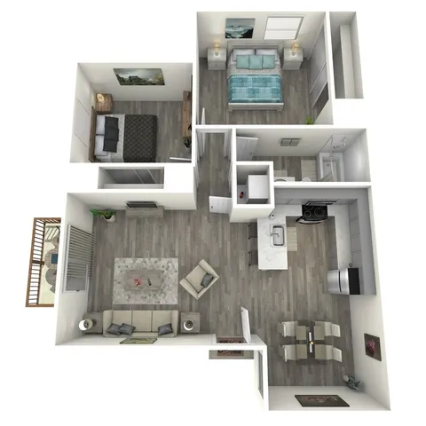 Sophisticated 3D floor plan highlighting 2 bedrooms, a modern kitchen, and a stylish living room with a balcony.