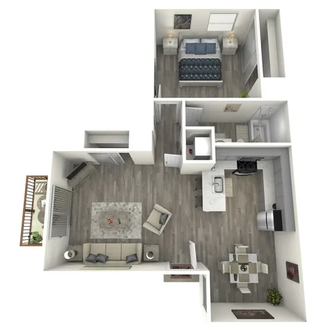 Elegant 3D floor plan of an urban apartment featuring a large bedroom, open-concept living room, and modern kitchen.