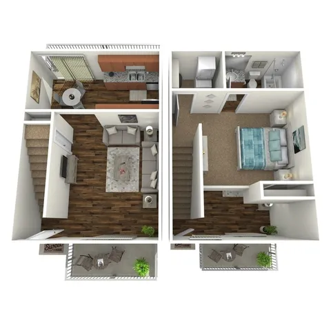3D floor plan of a two-level apartment featuring an open living area, modern kitchen, bedroom, and two balconies.