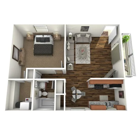 3D floor plan highlighting a modern one-bedroom apartment with an open-plan living room and kitchen.
