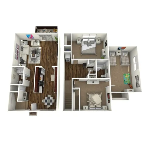 3D floor plan of a two-story apartment featuring three bedrooms, a modern kitchen, and a welcoming living area.