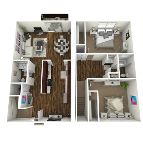 3D floor plan of a duplex featuring two bedrooms, a spacious living room, and an open kitchen area.