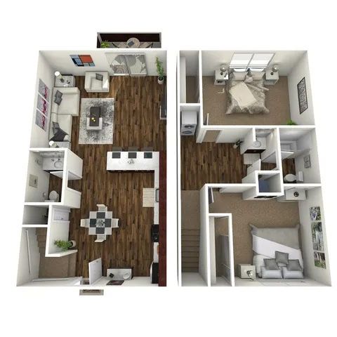 3D floor plan of a modern duplex with an open living area, two bedrooms, and stylish hardwood floors.