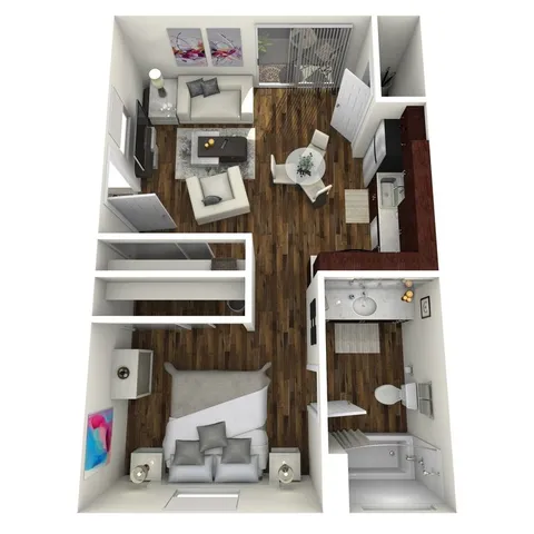 Inviting 3D floor plan featuring a master bedroom, open living area, and modern kitchen with hardwood floors.