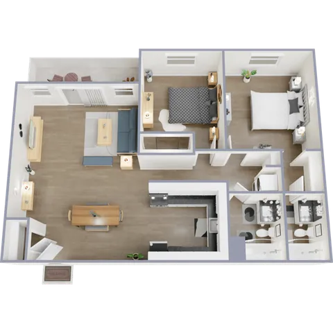 3D floor plan featuring two bedrooms, open living area, modern kitchen, and dual bathrooms.