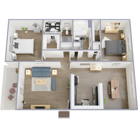 Sophisticated 3D floor plan featuring two bedrooms, a spacious living room, modern kitchen, and dining area.
