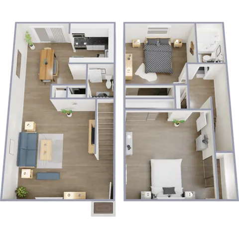 Elegant two-story floor plan showcasing an open living area, modern kitchen, and two bedrooms with ensuite baths.