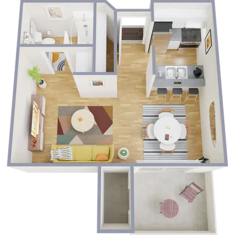 Charming 3D floor plan showcasing an open-concept living and dining area, modern kitchen, and a spacious balcony.