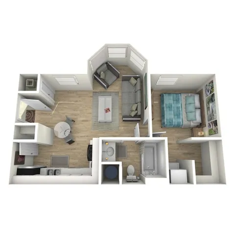 Charming 1-bedroom floor plan with open-concept living area, modern kitchen, and cozy dining space, featuring natural light and elegant interiors.