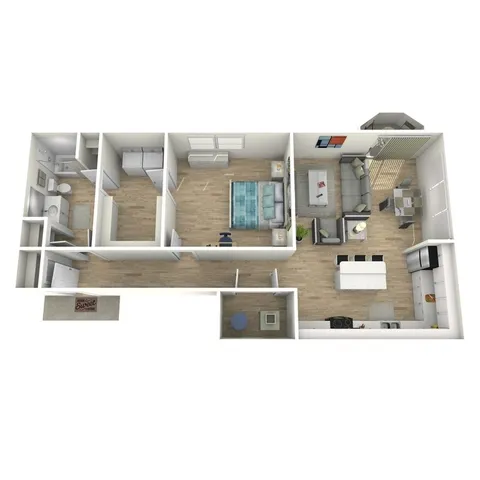 Modern 3D floor plan showcasing a cozy bedroom, spacious open-concept living and dining area, and a contemporary kitchen.