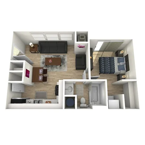 Modern 3D floor plan illustrating a cozy apartment with an inviting living room, sleek kitchen, and a comfortable bedroom, all designed for optimal space utilization.
