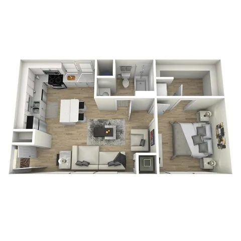 Modern 3D floor plan featuring a luxurious 1-bedroom apartment with an open kitchen, inviting living area, and a stylish bathroom.