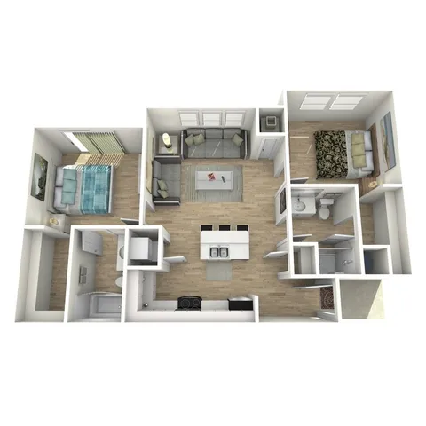 Modern 3D floor plan showcasing two spacious bedrooms, cozy living room, open kitchen with island, and two bathrooms.
