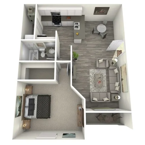 Sophisticated 3D floor plan showcasing a modern one-bedroom apartment with open-concept living and dining space, elegant kitchen, and cozy living area.