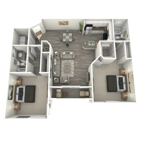 Contemporary 3D floor plan with 2 elegantly furnished bedrooms, modern kitchen, cozy living room, and two stylish bathrooms.